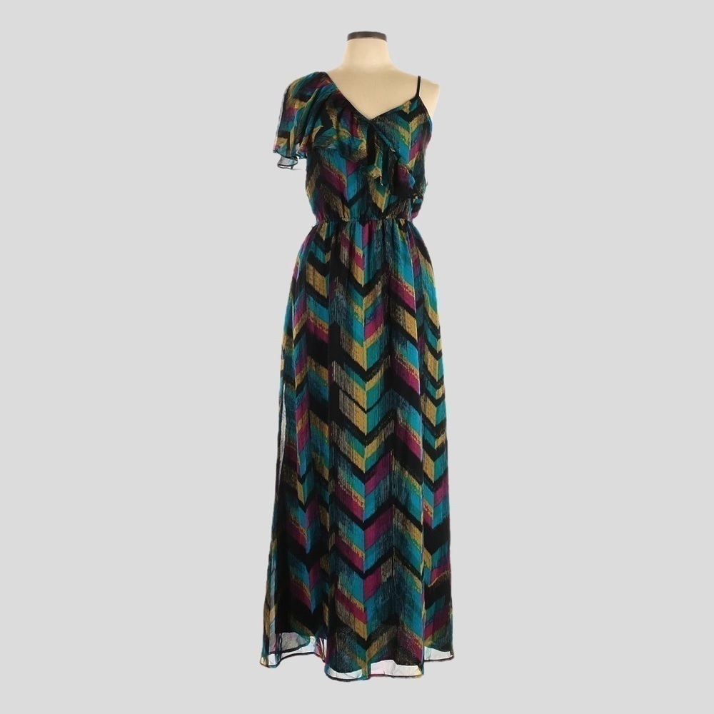 Allen B Schwartz Colorful Chevron Ruffled Shoulder Flowy Maxi Dress Size 10